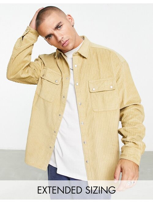 ASOS DESIGN oversized cord shirt with snaps in beige