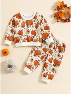 Baby Girls' Pumpkin Printed Sweatshirt Set For Halloween, Cute And Casual, Autumn/winter