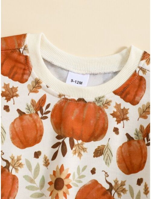 Shein Baby Girls' Pumpkin Printed Sweatshirt Set For Halloween, Cute And Casual, Autumn/winter