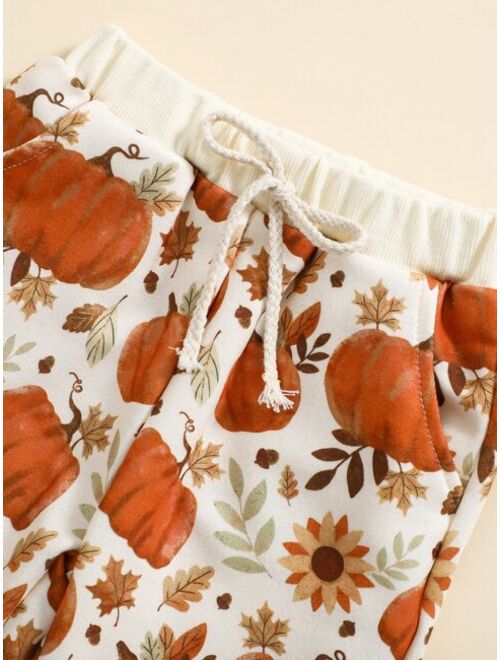 Shein Baby Girls' Pumpkin Printed Sweatshirt Set For Halloween, Cute And Casual, Autumn/winter