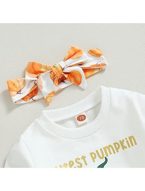 PUHHAPIEY Baby Girl Winter Clothes Pumpkin Crewneck Sweatshirts Flower Pants Headband Toddler Fall Halloween Outfits
