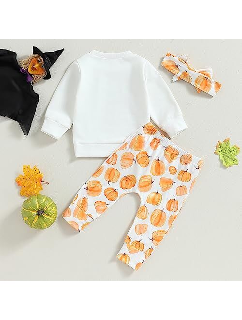 PUHHAPIEY Baby Girl Winter Clothes Pumpkin Crewneck Sweatshirts Flower Pants Headband Toddler Fall Halloween Outfits
