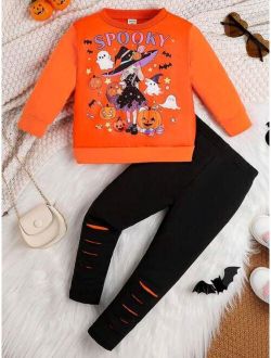 Young Girl Halloween Print Sweatshirt & Ripped Leggings