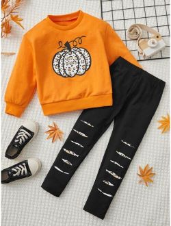 Toddler Girls Halloween Pumpkin Print Sweatshirt & Leggings