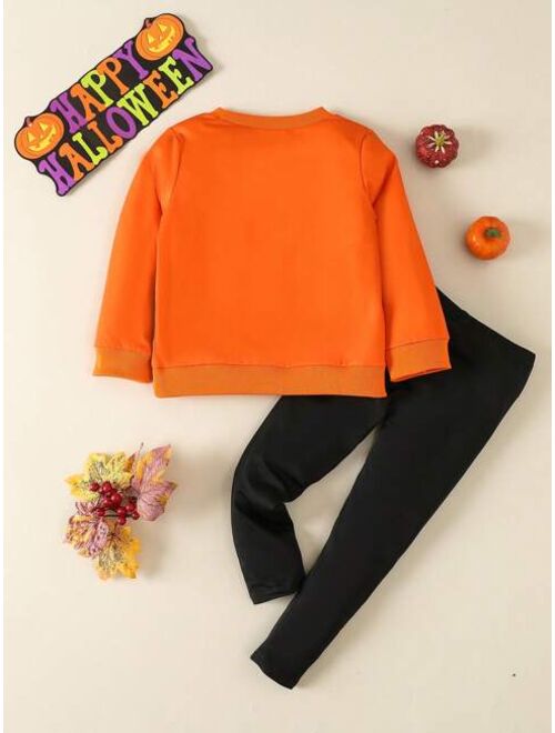 Shein Young Girl Halloween Print Sweatshirt & Leggings