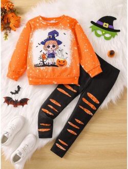 Young Girl Halloween Print Sweatshirt & Ripped Print Leggings