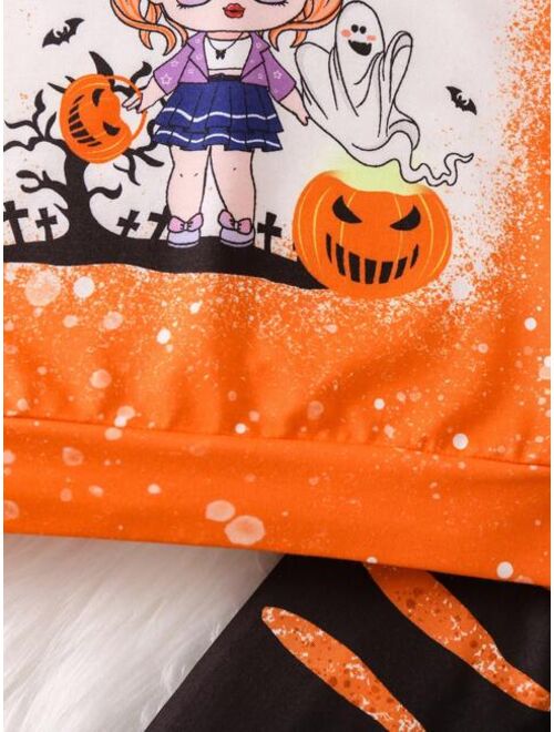Shein Young Girl Halloween Print Sweatshirt & Ripped Print Leggings