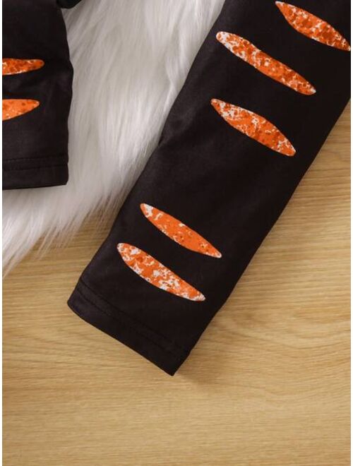 Shein Young Girl Halloween Print Sweatshirt & Ripped Print Leggings