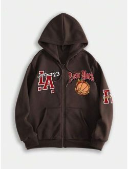 Guys Basketball Letter Graphic Zip Up Thermal Lined Drawstring Hoodie