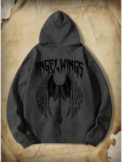 Academia Guys Wings Letter Graphic Drawstring Thermal Hoodie