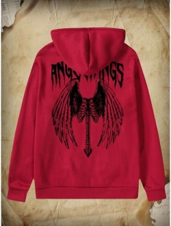 Academia Guys Wings Letter Graphic Drawstring Thermal Hoodie