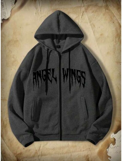 ROMWE Academia Guys Wings Letter Graphic Drawstring Thermal Hoodie