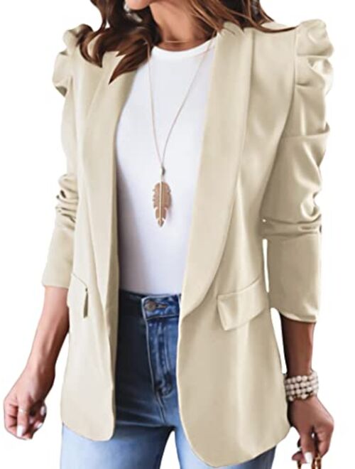 KIRUNDO Women's 2023 Fall Casual Blazers Puff Sleeve Lapel Open Front Work Suit Office Blazer Jackets with Pockets
