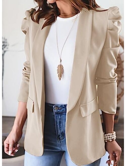 KIRUNDO Women's 2023 Fall Casual Blazers Puff Sleeve Lapel Open Front Work Suit Office Blazer Jackets with Pockets