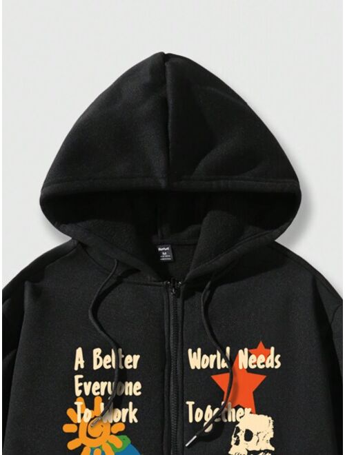 ROMWE Street Life Guys Slogan Skeleton Print Zip Up Drawstring Hoodie