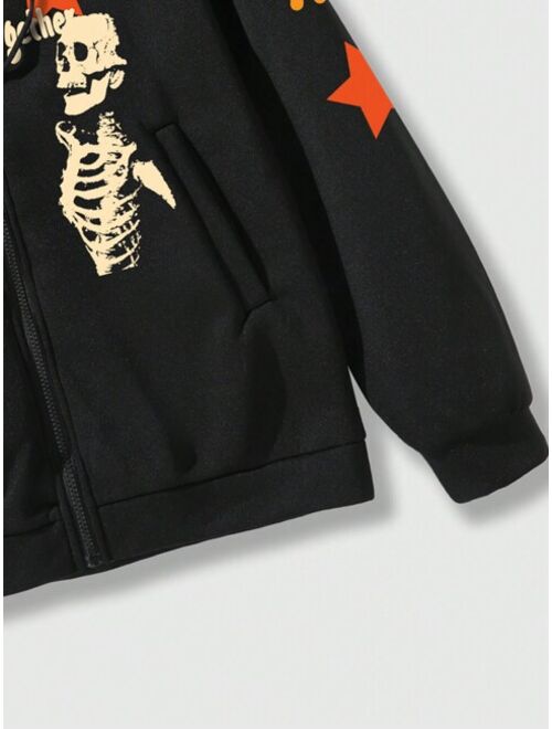 ROMWE Street Life Guys Slogan Skeleton Print Zip Up Drawstring Hoodie