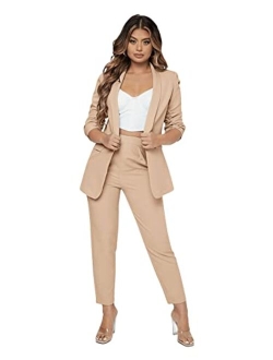 Women's 2 Piece Solid Ruched Sleeve Blazer and Pants Business Office Suit Set