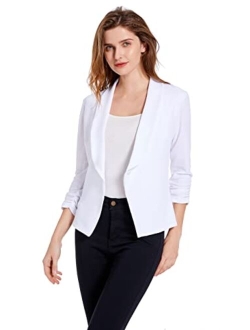Sunfaynis Women's Soft Stretchy Lightweight Cardigan Blazer One Button 3/4 Ruched Sleeve Business Casual Blazer Jackets