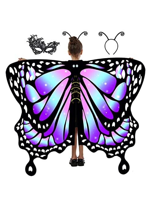 DawnHope Butterfly Wings for Girls Kids Halloween Costumes Butterfly Shawl Fairy Ladies Cape Nymph Pixie Dress Up