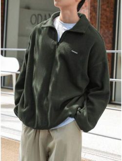 Men Letter Patched Detail Drop Shoulder Quarter Zipper Fleece Sweatshirt Without Tee