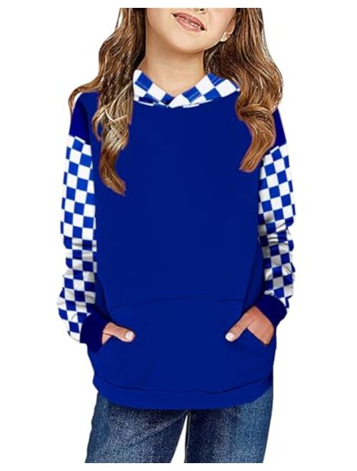 Kimoda Kids Girls Hoodies Sweatshirts Casual Color Block Plaid Hooded Pullover Long Sleeve Tops Outfits 6-14 Years Old