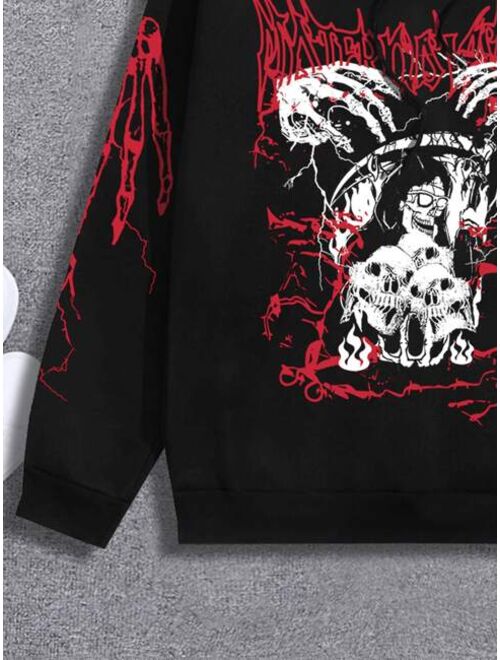 ROMWE Goth Guys Skull Print Drawstring Hoodie