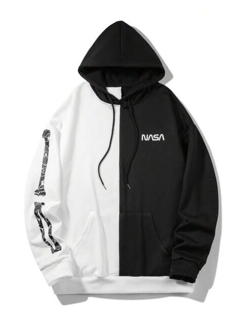 Extended Sizes Men Letter Graphic Two Tone Drawstring Hoodie