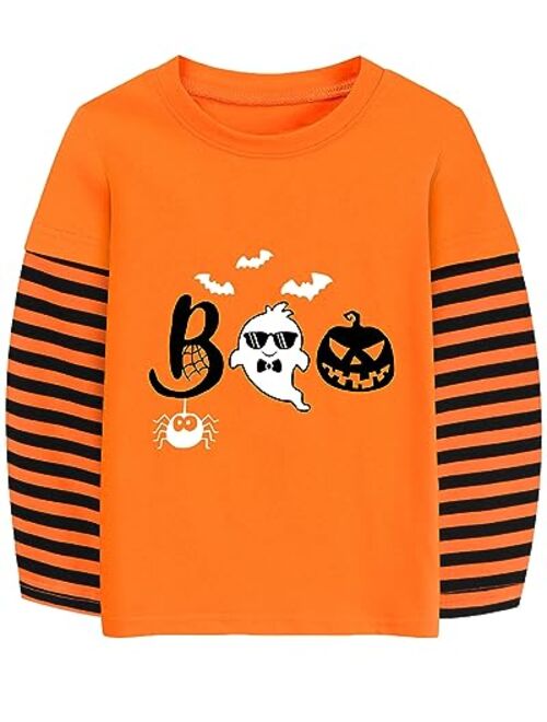 CM-Kid Halloween Shirt for Toddler Boy Girl Pumpkin Skeleton Ghost Dino Stripe Long Sleeve Tops for Kids 2-7 Years