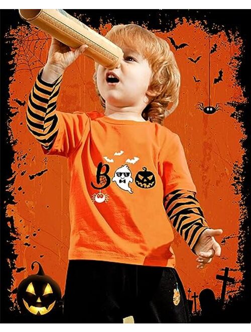 CM-Kid Halloween Shirt for Toddler Boy Girl Pumpkin Skeleton Ghost Dino Stripe Long Sleeve Tops for Kids 2-7 Years