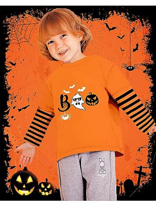 CM-Kid Halloween Shirt for Toddler Boy Girl Pumpkin Skeleton Ghost Dino Stripe Long Sleeve Tops for Kids 2-7 Years