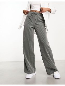 tailored drawstring waist pants in gray pinstripe