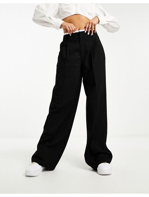 Stradivarius tailored wide leg pants with double waistband in black