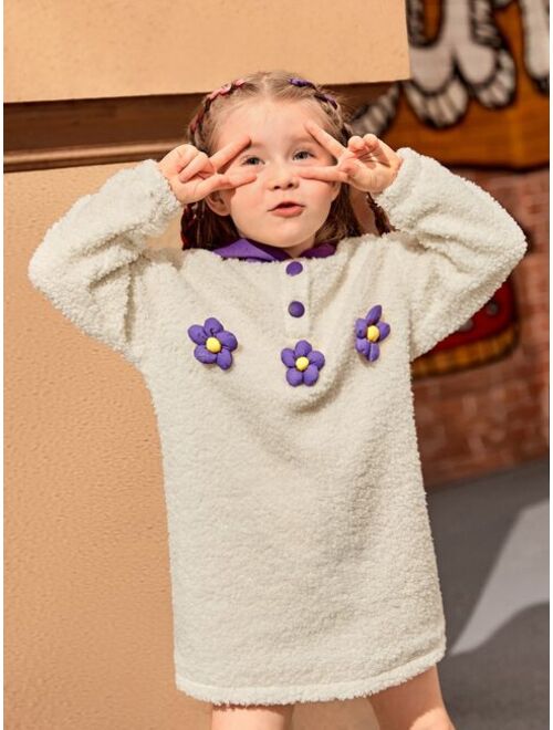 SHEIN Toddler Girls Floral Patched Teddy Sweatshirt Dress