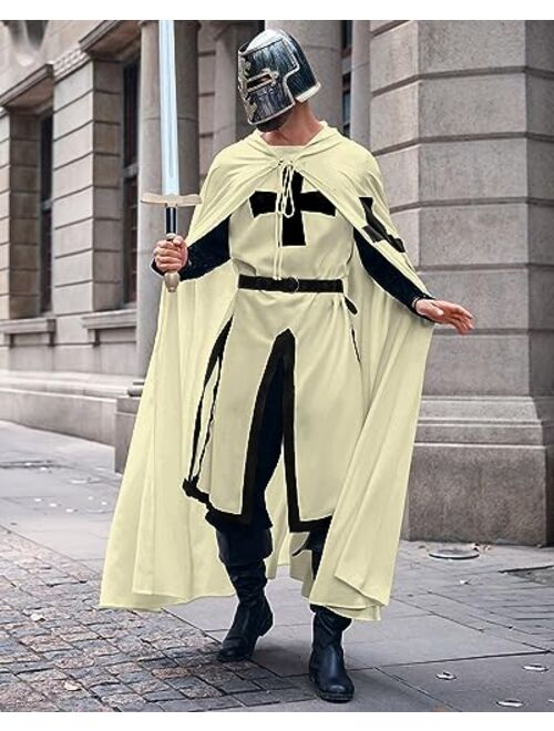 Beotyshow Medieval Templar Knight Cloak White Cape Halloween Costume Renaissance Hooded Robe for Adults Men Women