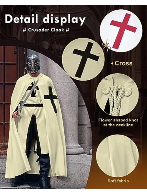 Beotyshow Medieval Templar Knight Cloak White Cape Halloween Costume Renaissance Hooded Robe for Adults Men Women