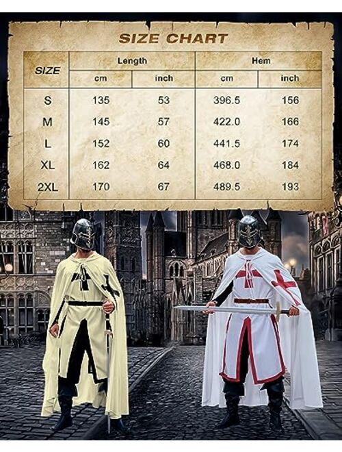 Beotyshow Medieval Templar Knight Cloak White Cape Halloween Costume Renaissance Hooded Robe for Adults Men Women