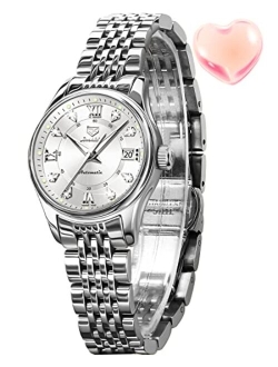 Automatic Watches for Women Mechanical Self Winding Luxury Dress Diamond Dial Stainless Steel Strap Waterproof Luminous Date Ladies Watches