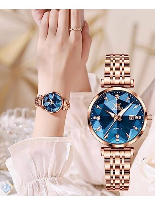 OLEVS Rose Gold Watches for Women, Stainless Steel Band, Quartz Small Face Waterproof Watches, Fashion Luxury Classic Wrist Watch with Date, Ladies Diamonds Watch Red/Blu