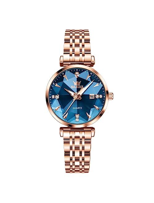 OLEVS Rose Gold Watches for Women, Stainless Steel Band, Quartz Small Face Waterproof Watches, Fashion Luxury Classic Wrist Watch with Date, Ladies Diamonds Watch Red/Blu