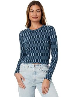 Fine Ribbed Supercrop Crewneck Long-Sleeve Tee in Check