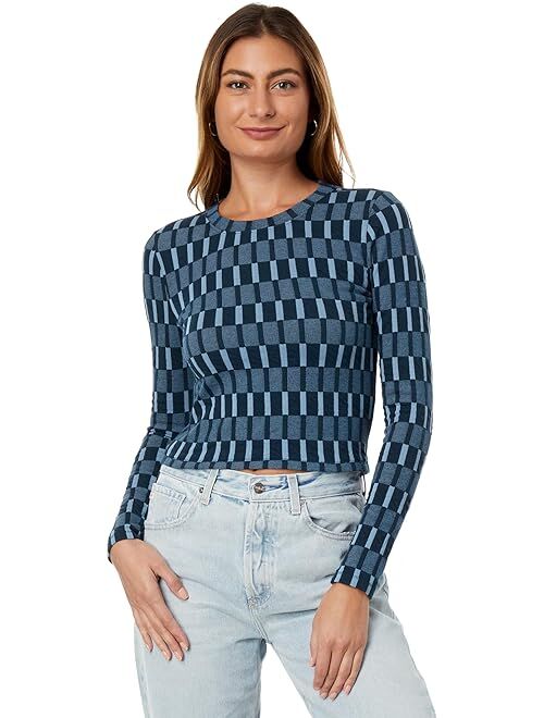 Madewell Fine Ribbed Supercrop Crewneck Long-Sleeve Tee in Check