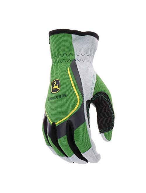 John Deere Men's Split Cowhide Leather Palm Gloves, Cut Resistant, Keystone Thumb, Flexible Fit, Green/Black