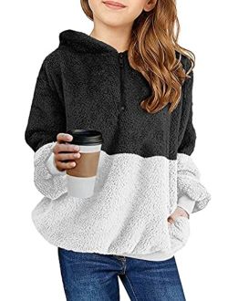 Haloumoning Girls Fuzzy Fleece Pullover Hoodies Sweatshirt Casual Loose Outwear Coat with Pockets 4-15 Years