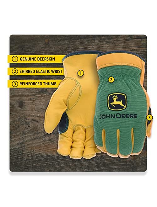 John Deere JD00008-XL Men's Top Grain Deerskin Leather Driver Gloves, Abrasion Resistant, Tan, Water Resistant, Green