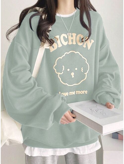 DAZY Letter Cartoon Graphic Drop Shoulder Oversized Pullover