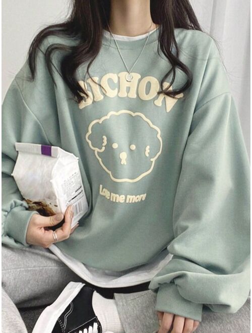 DAZY Letter Cartoon Graphic Drop Shoulder Oversized Pullover