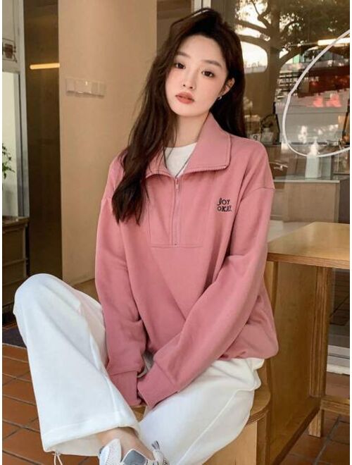 DAZY Letter Graphic Half Zip Drop Shoulder Oversized Pullover