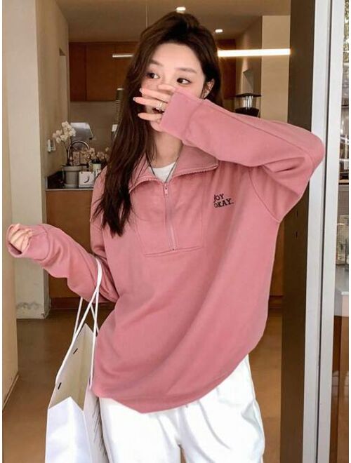 DAZY Letter Graphic Half Zip Drop Shoulder Oversized Pullover