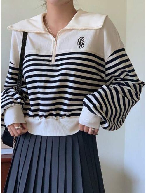 DAZY Striped Print Letter Embroidery Half Zip Drop Shoulder Sweatshirt