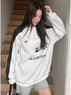 Letter Graphic Contrast Side Seam Pullover